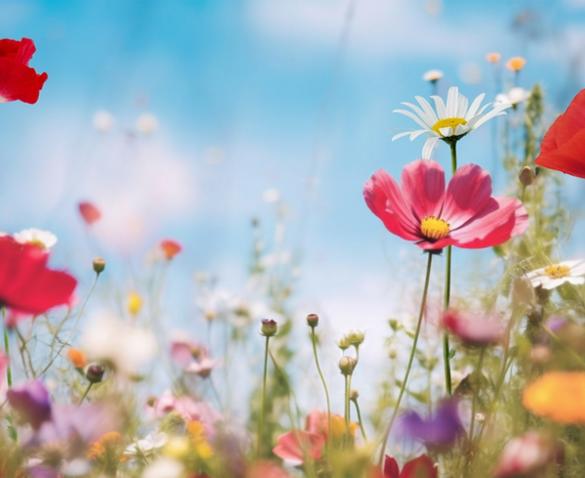 Flowers in a field with red flowers in the foreground