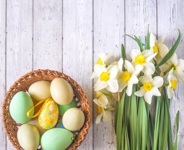 Eggs in a basket and flowers on a padded wooden background