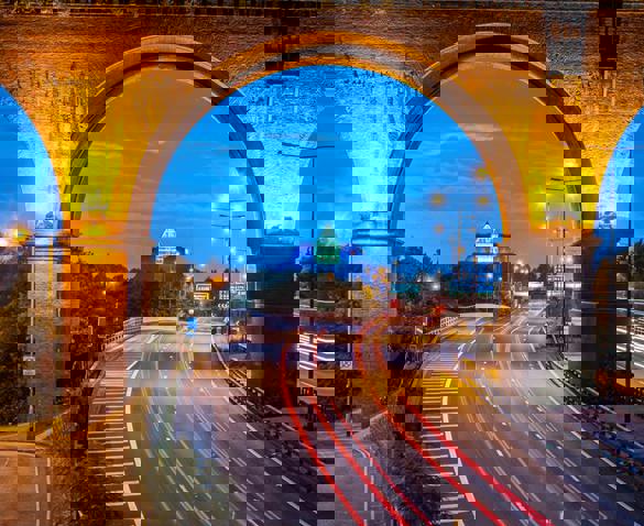 Stockport viaduct lit up at night